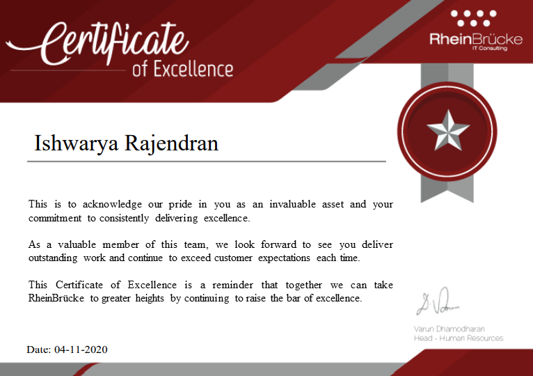 Certificate of Excellence from RheinBrücke IT Consulting
